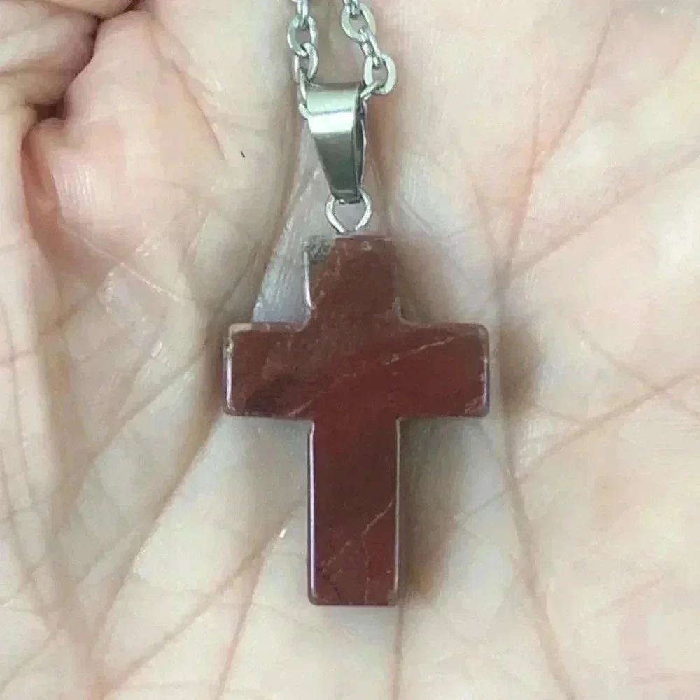 Red Dolomite Cross Natural Stainless Steel Necklace NWT